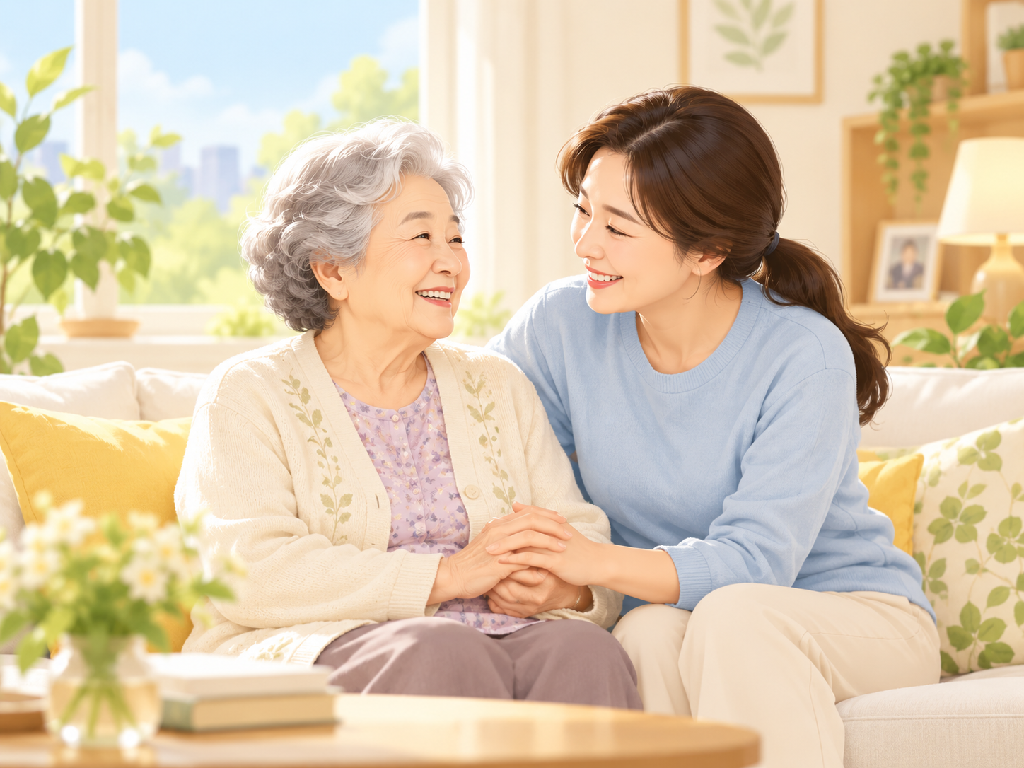 가족이 어르신을 돌보는 따뜻한 모습