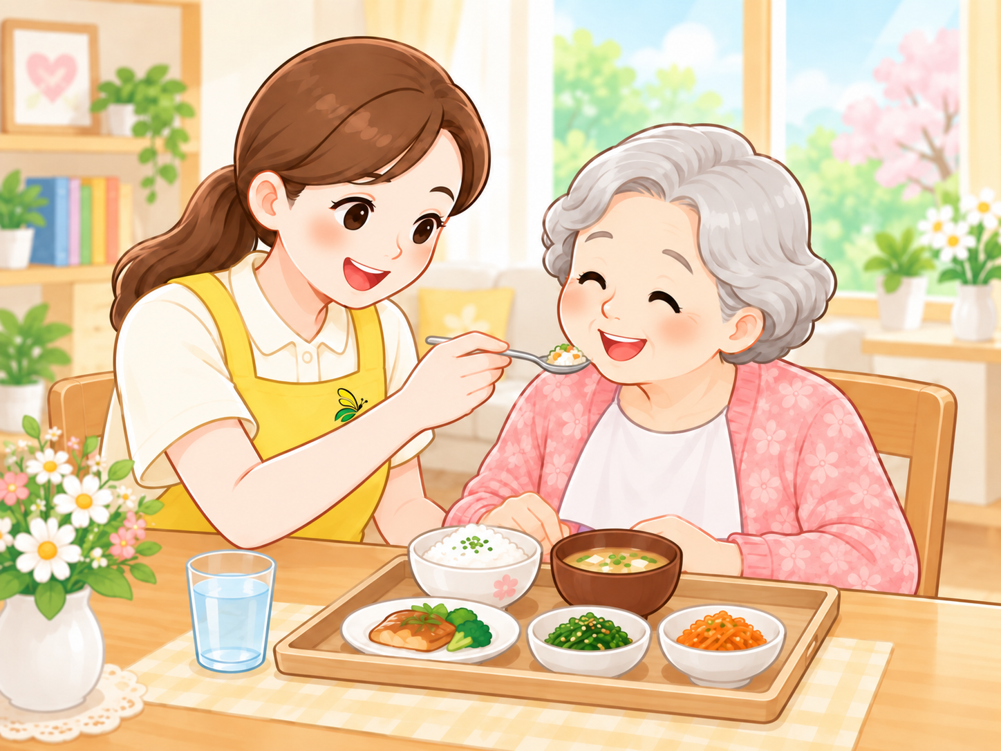 식사도움을 돕는 요양보호사와 어르신