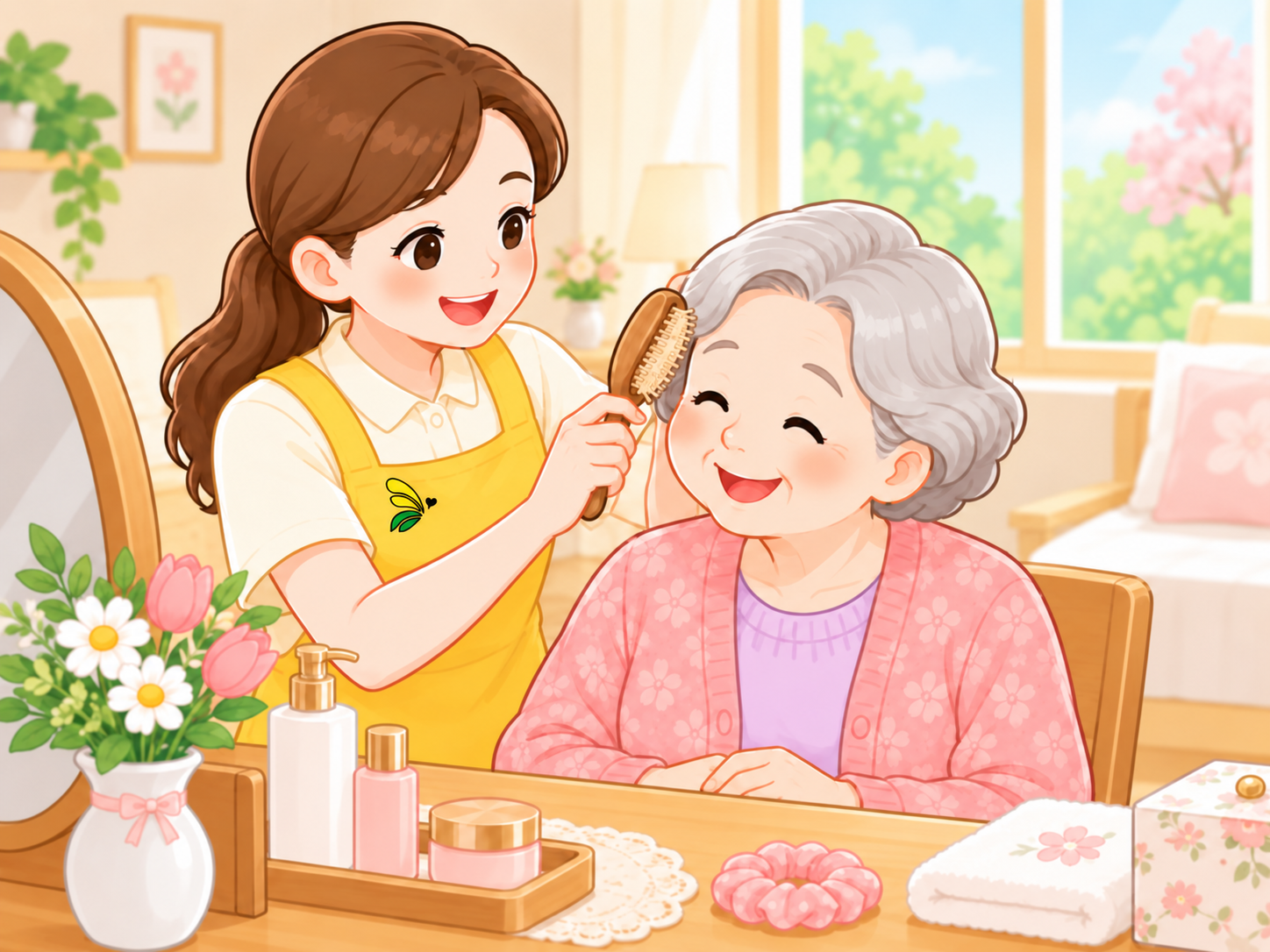 몸단장을 돕는 요양보호사와 어르신