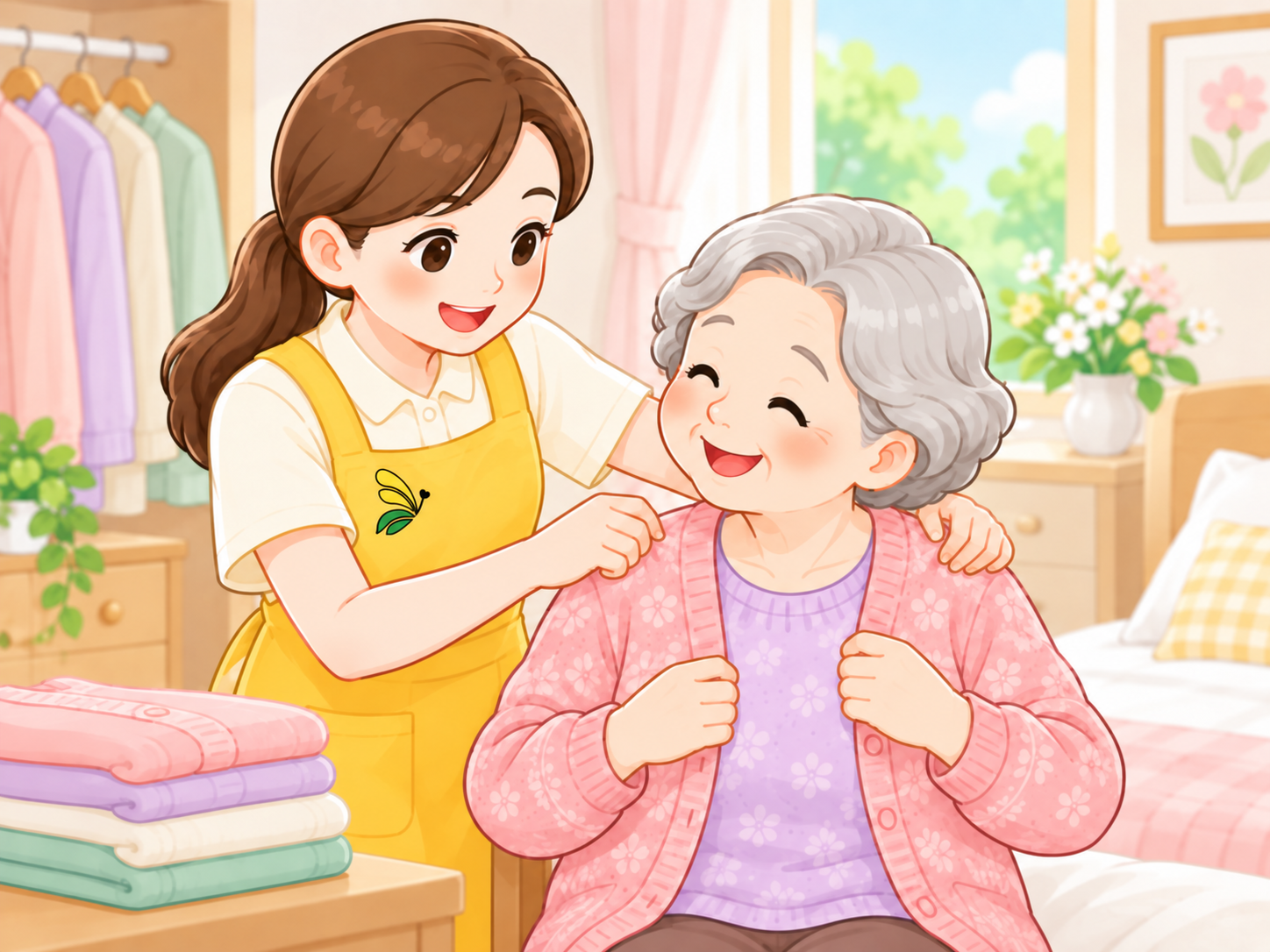 옷 갈아입기 도움을 돕는 요양보호사와 어르신