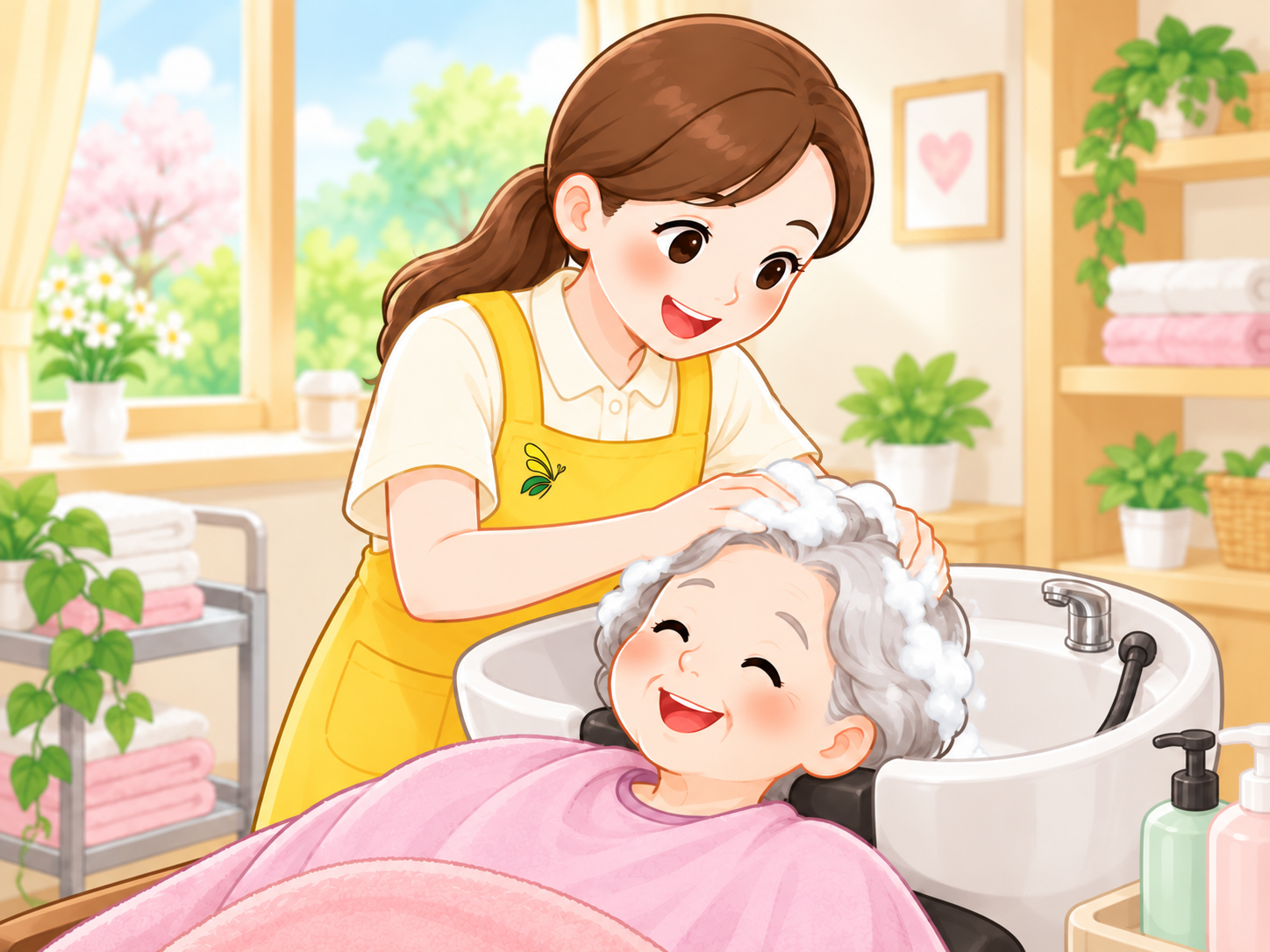 머리 감기 도움을 돕는 요양보호사와 어르신