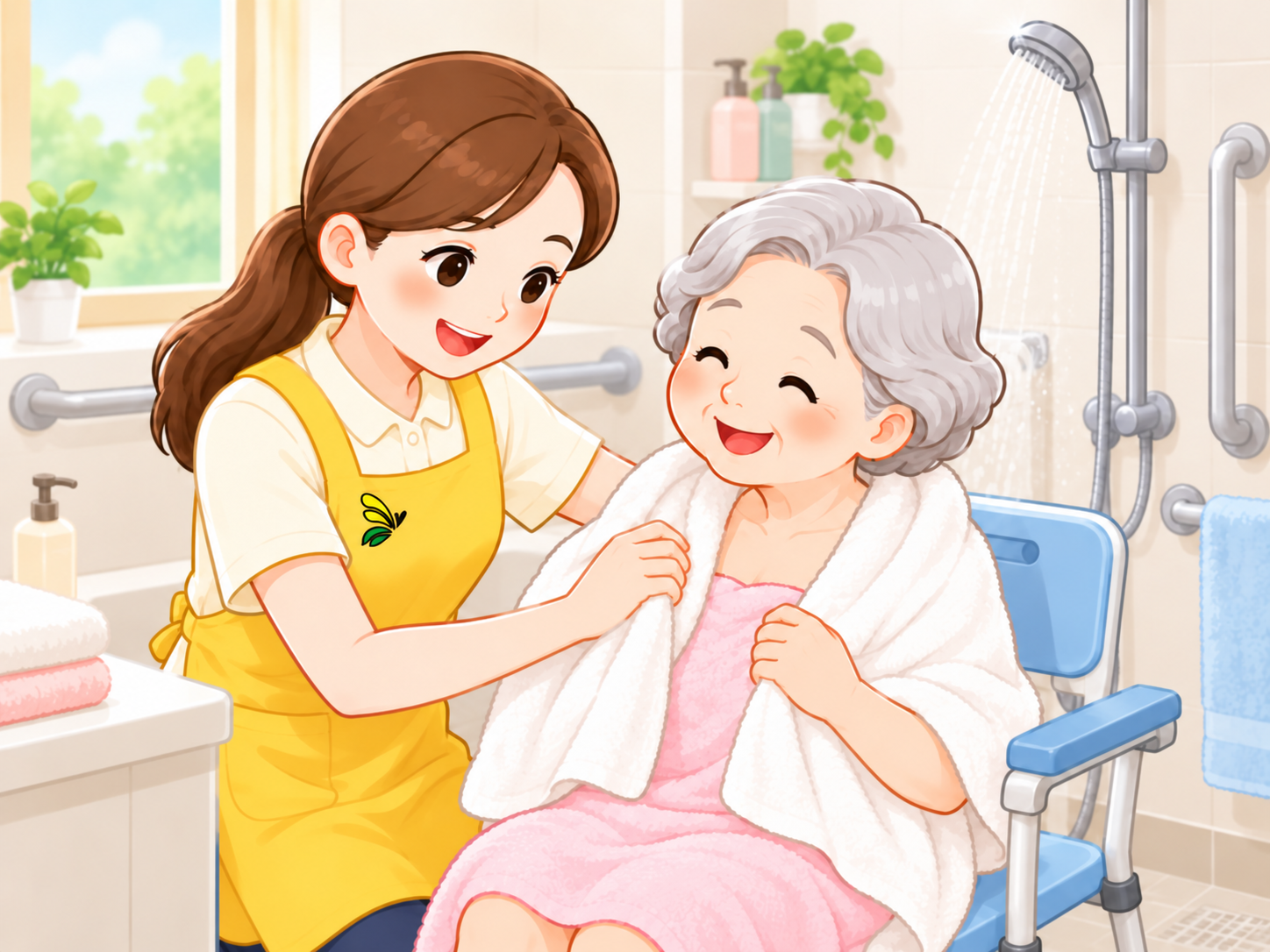 몸 씻기 도움을 돕는 요양보호사와 어르신