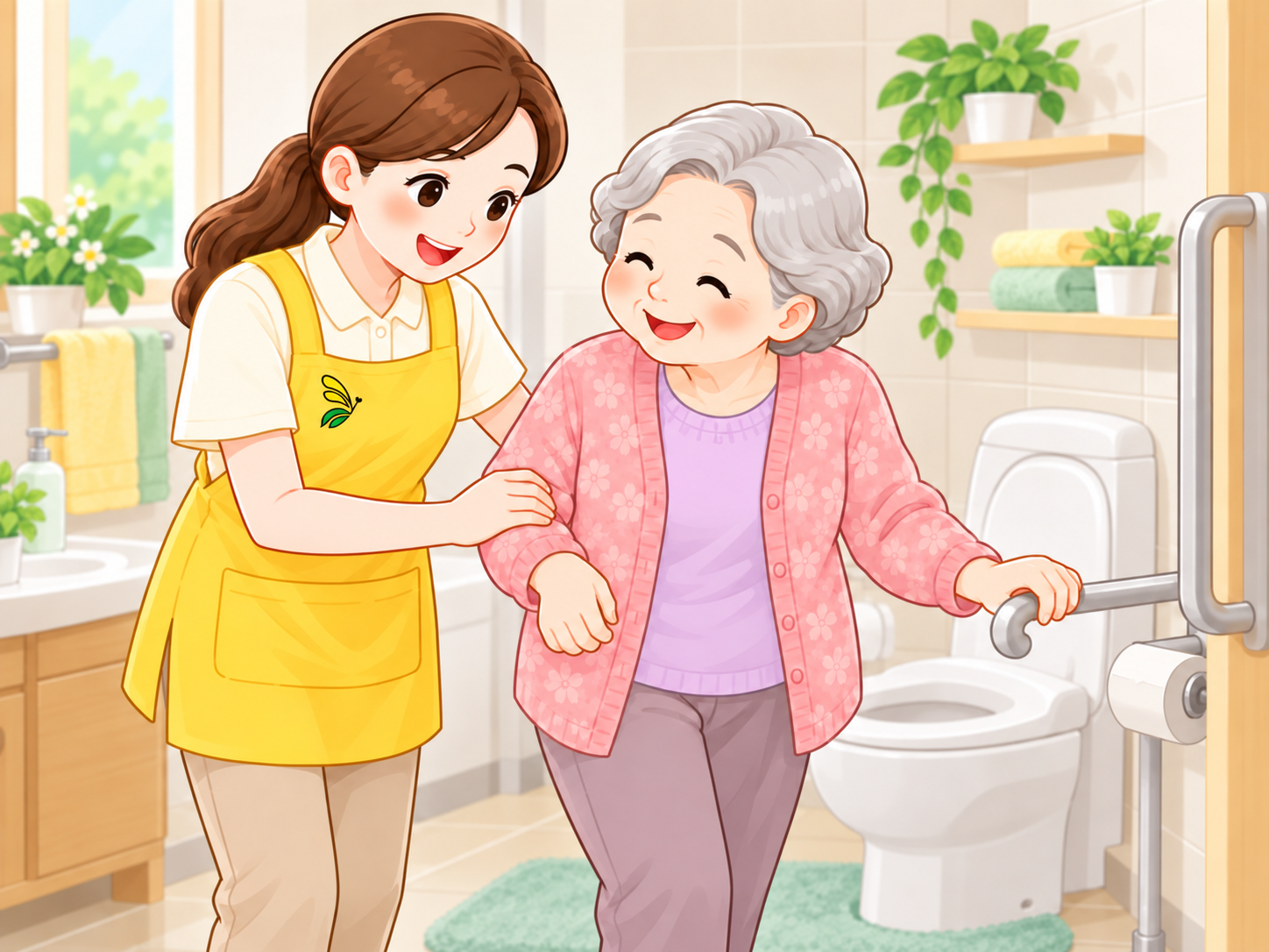 화장실 이용하기을 돕는 요양보호사와 어르신