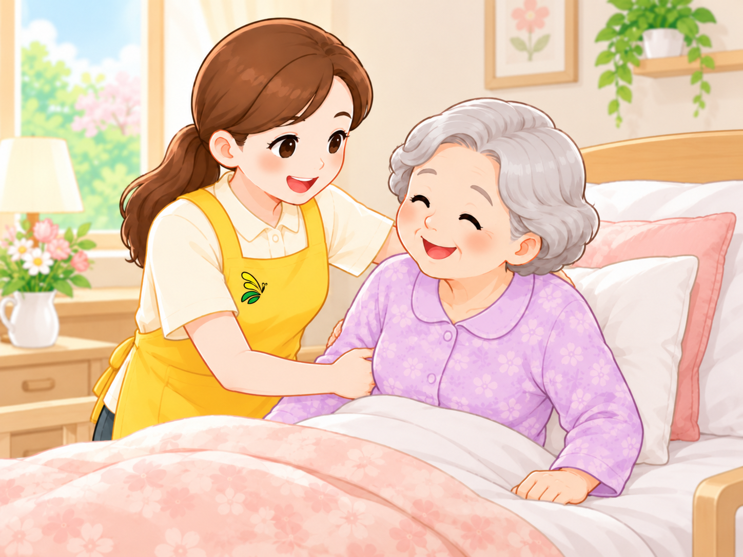 체위 변경을 돕는 요양보호사와 어르신