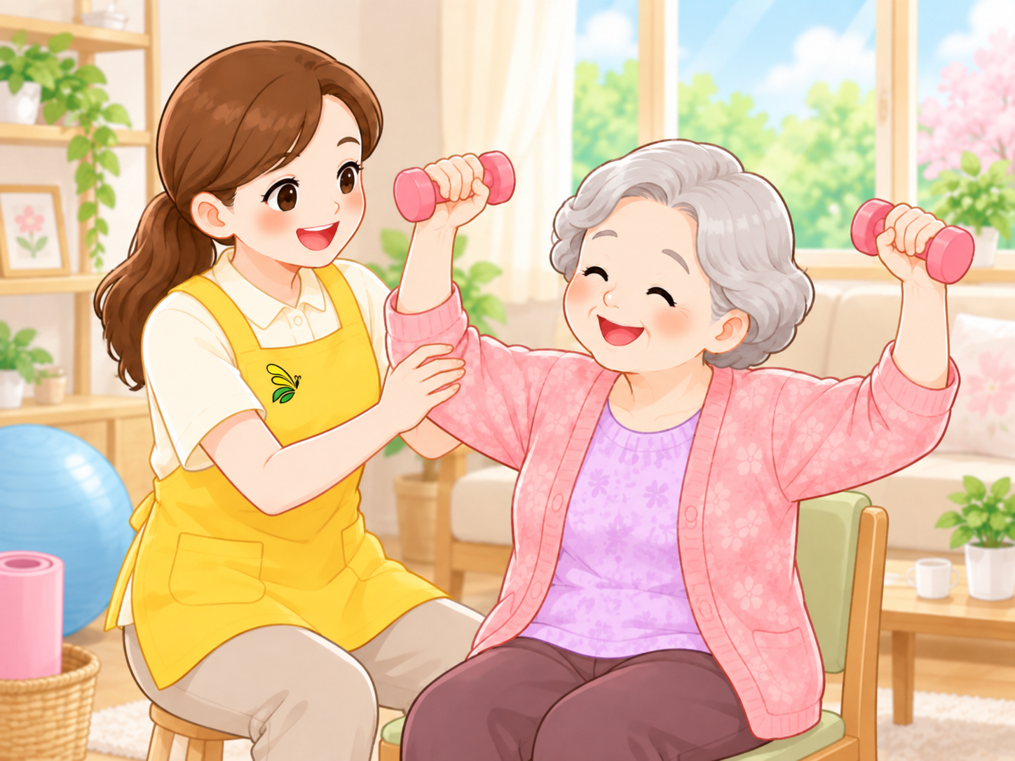 신체 기능의 유지, 증진을 돕는 요양보호사와 어르신